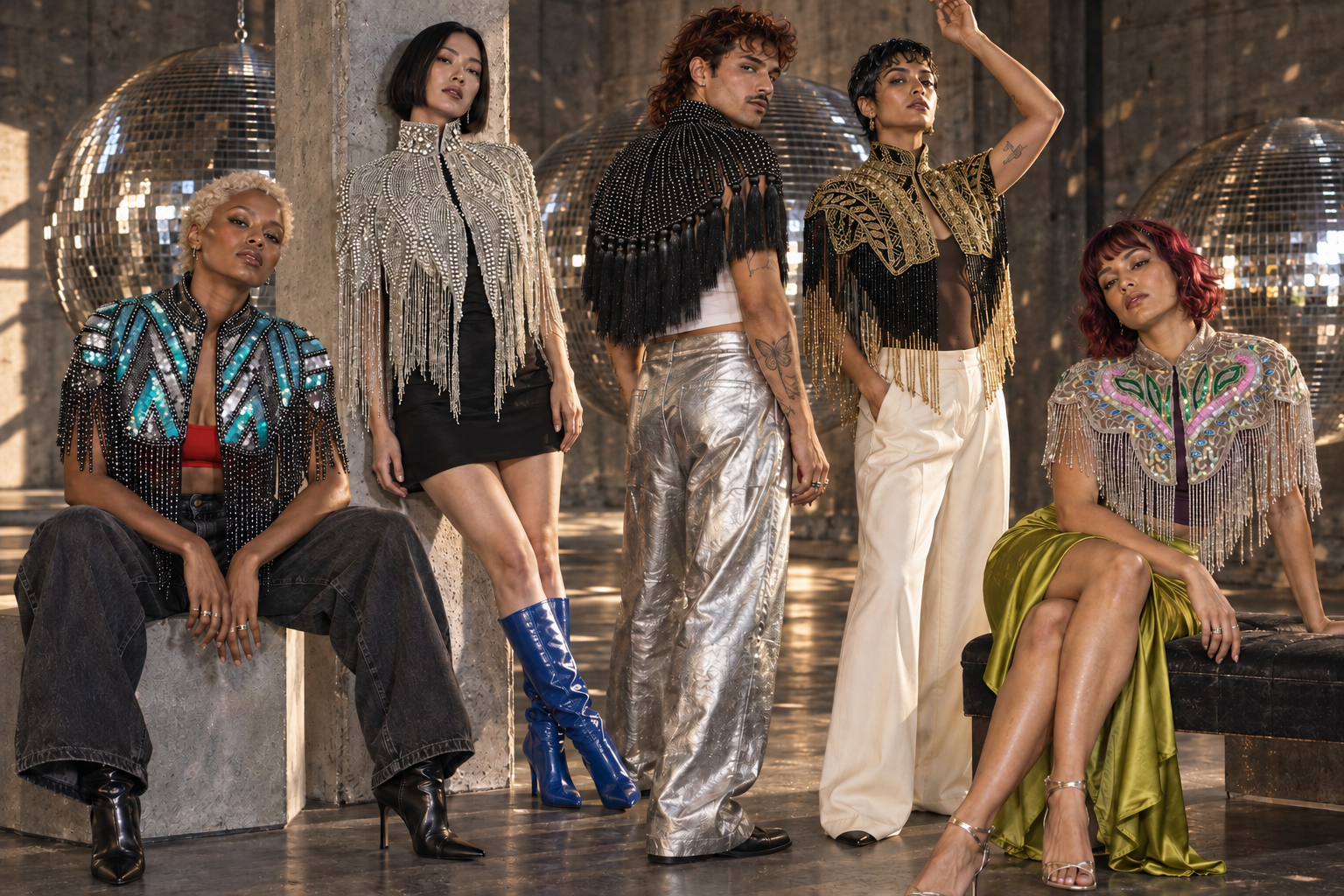 Five models wearing THE FIVE statement shoulder pieces by SHOULDER