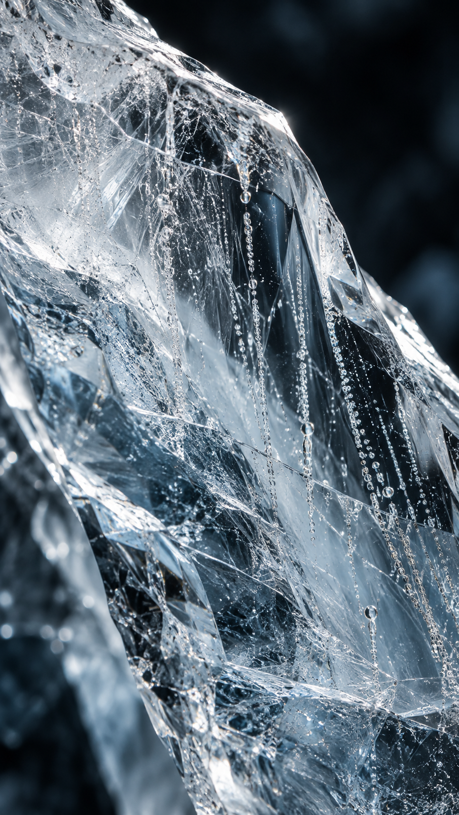 Close-up of fractured glacial ice and suspended droplets