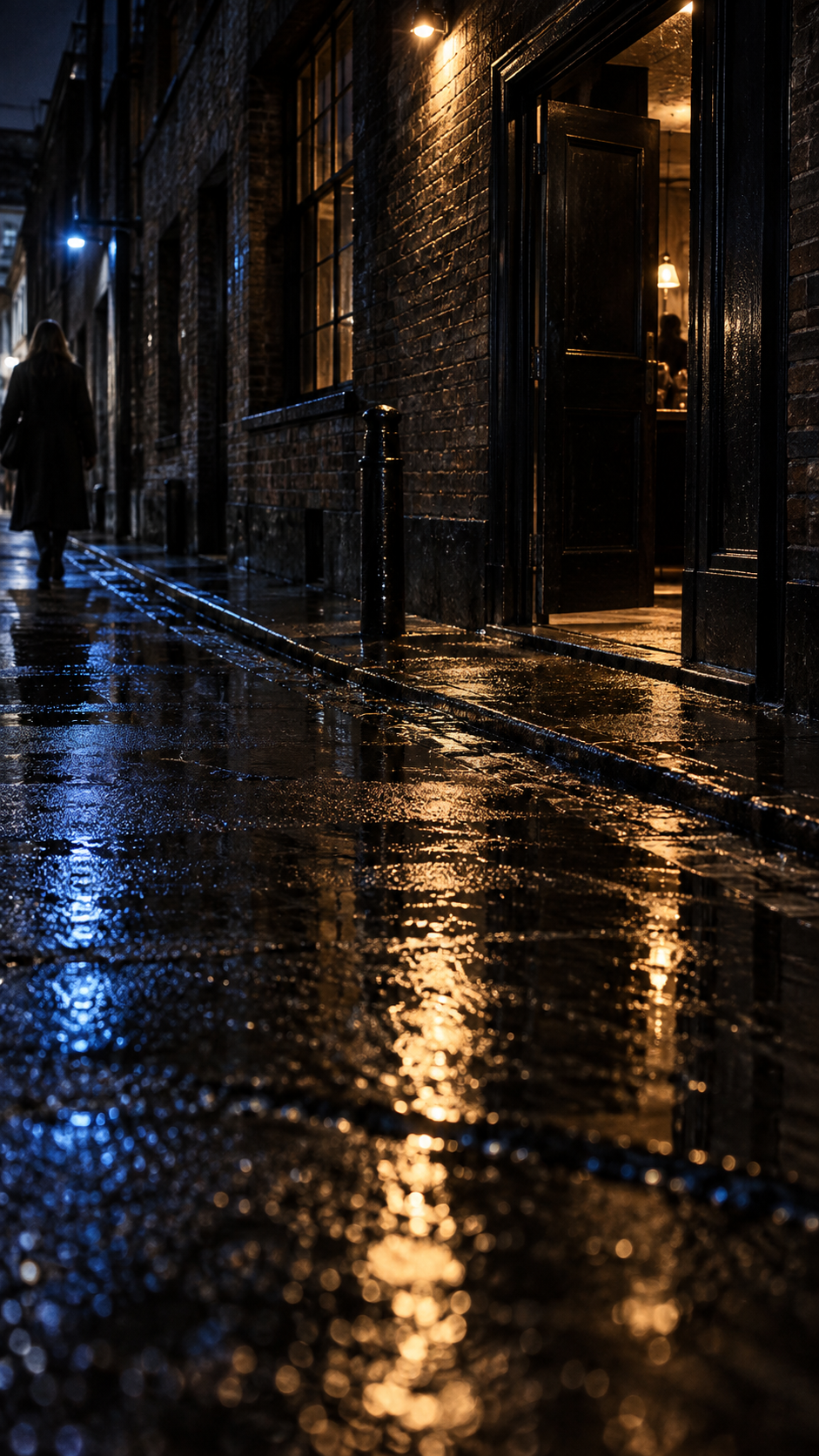 Rain-dark London street with blue and amber reflections at night